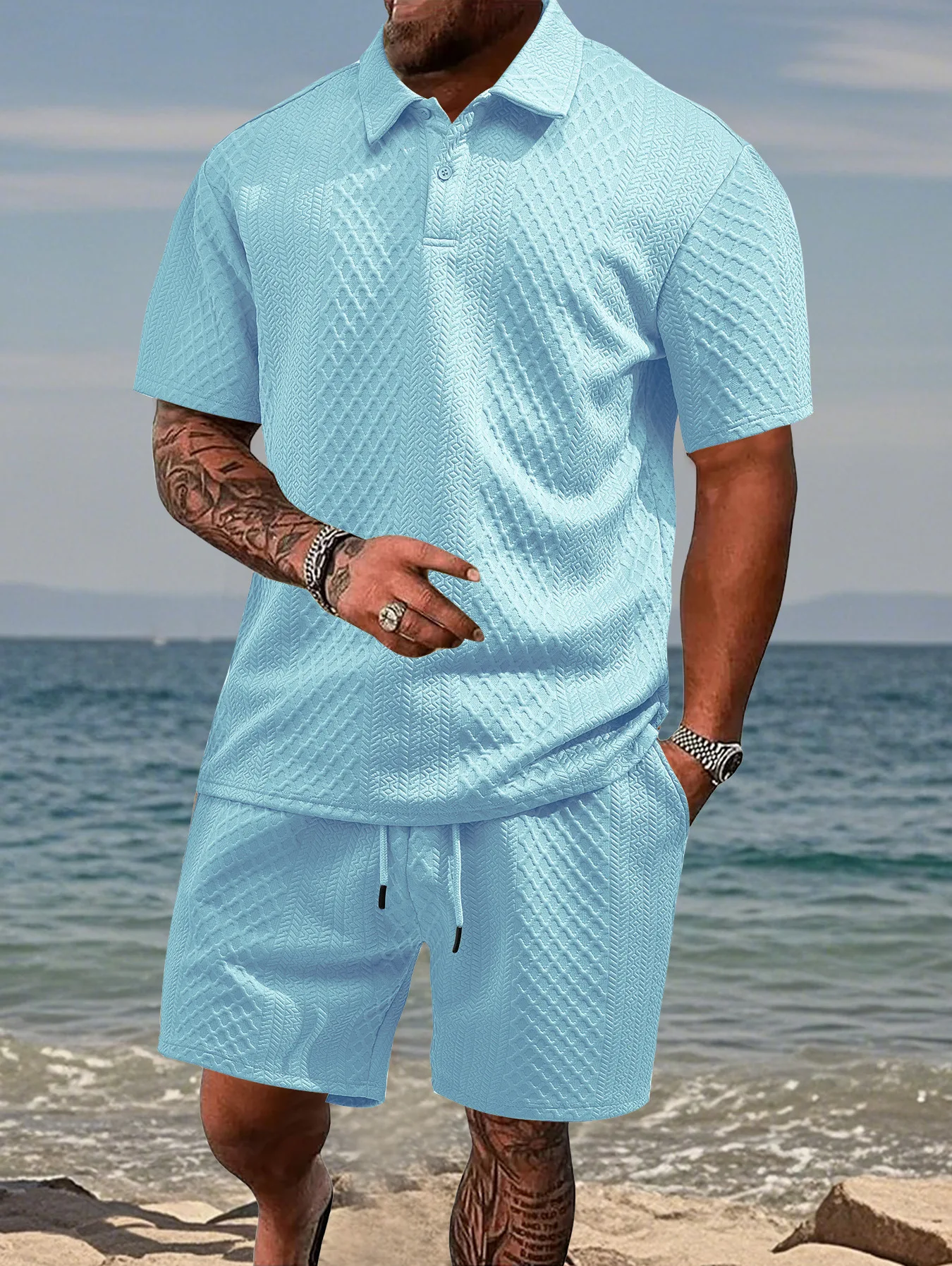 2022 Sommer neues Herren-Poloshirt für lässige Sportbekleidung mit Revers, kurzärmeliges Herrenhemd und Shorts, Jacquard-Textur-Anzug