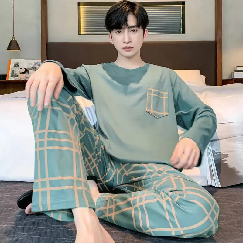 Conjunto de pijamas masculinos de primavera e outono de manga comprida calças compridas estudante pijamas homewear de duas peças o-pescoço superior calças xadrez