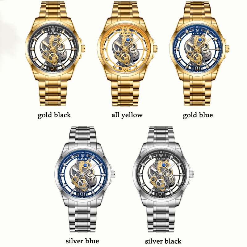 LIGE nowy męski zegarek szkieletowy zegarek kwarcowy złoty szkielet retro męski zegarek Top marka luksusowy zegar męskie zegarki Reloj Hombre