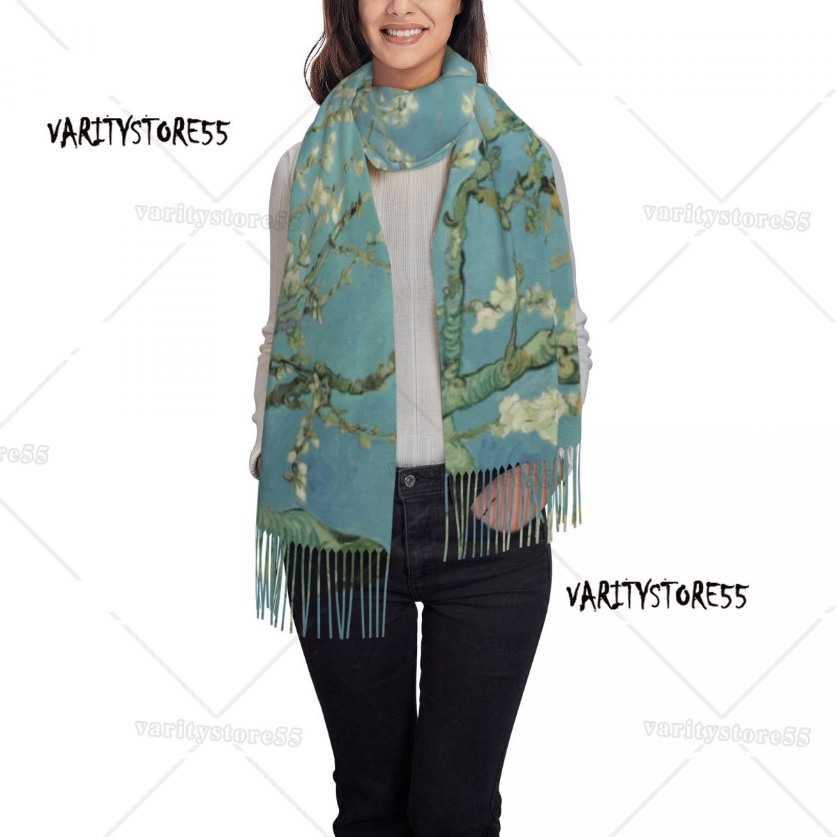 Bufanda con estampado personalizado de flores de almendro de Vincent Van Gogh, bufandas cálidas de invierno para hombres y mujeres, chal con pintura de flores