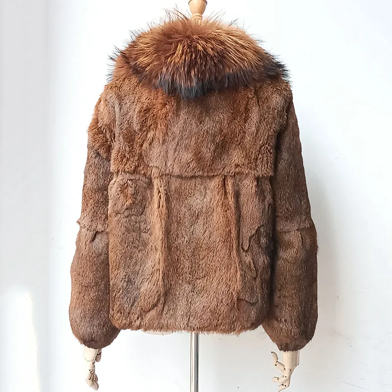 2023 Winter echte Kaninchen Pelzmantel mit Waschbär Pelz kragen Mode echte Pelz jacke Langarm warme echte Pelz Outwear
