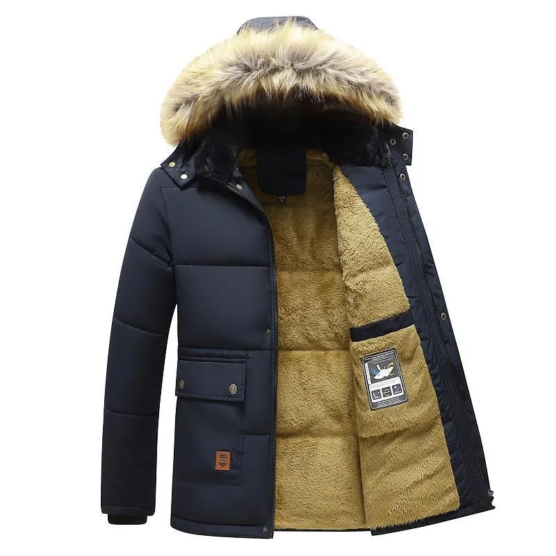 2024 novos homens inverno parka velo forrado grosso quente com capuz gola de pele casaco masculino tamanho 5xl jaqueta de pelúcia outono trabalho outwearing preto