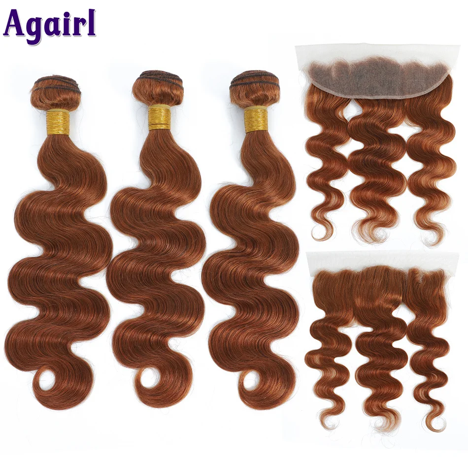 Ginger Brown Body Wave Pacotes de cabelo humano com fechamento, Remy Hair Weave Bundle com Frontal, 28 em, 30 em, 100%