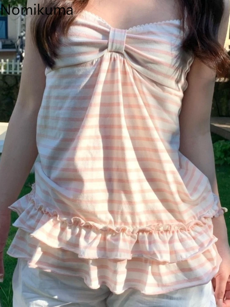 Chaleco dulce japonés para Mujer, Ropa Vintage a rayas, camisetas sin mangas, moda de verano, camisola con volantes, corte ajustado, Ropa sin mangas Vintage para Mujer