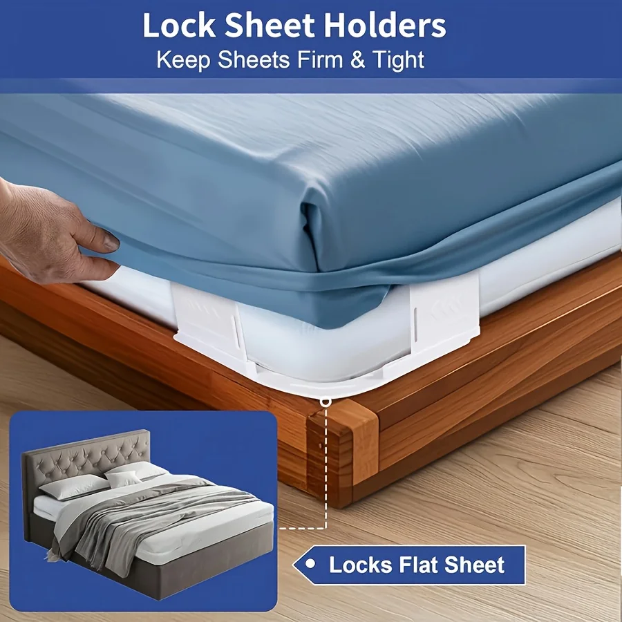 4 suportes de lençóis resistentes, alças de colchão antiderrapantes para todos os tamanhos de lençóis. Fácil instalação, mantém os lençóis fixos. Ótimo para roupas de cama modernas