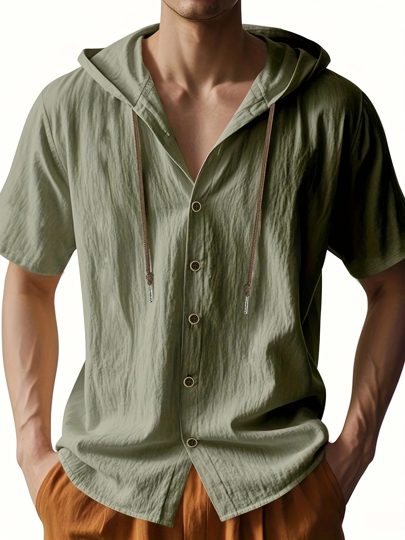 Camicia da uomo leggera e traspirante con cappuccio in lino, vestibilità ampia, manica corta, bottoni sul davanti, abbigliamento estivo da esterno