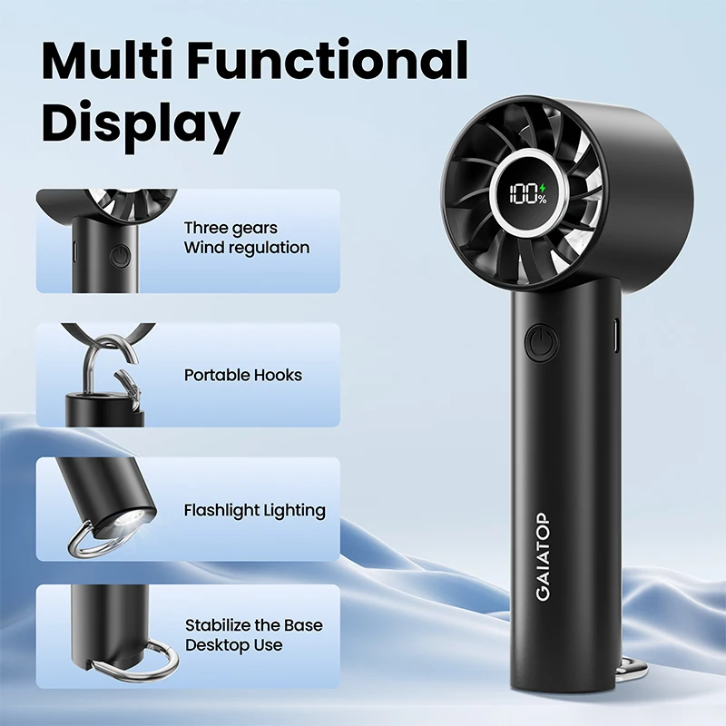Mini ventilatore portatile, ventilatore portatile con display LED e torcia elettrica, ventola con batteria ricaricabile USB a 3 velocità da 2000 mAh