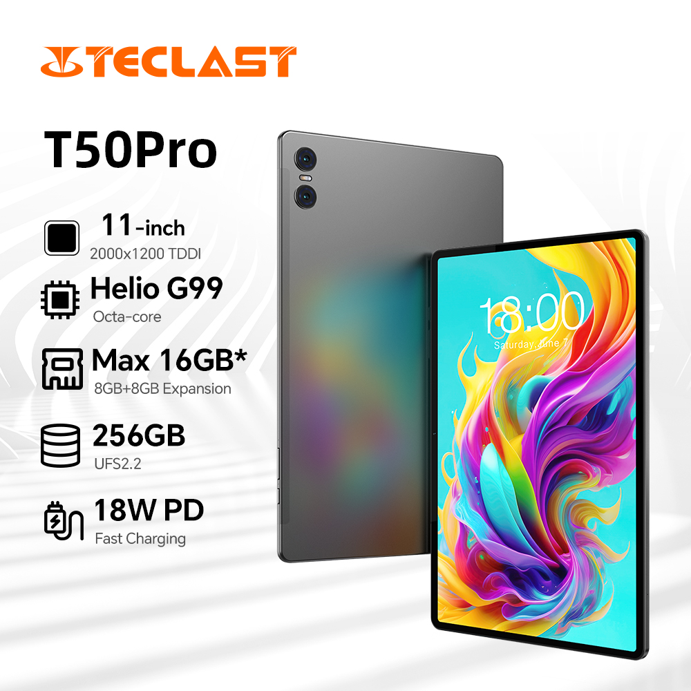 Teclast-T50Pro Tablet MTK G99, 11 ", 2K Display Max, 16GB RAM, 256GB ROM, Android 13, 8000mAh, Carregamento Rápido, 4G LTE, Desbloqueio Facial