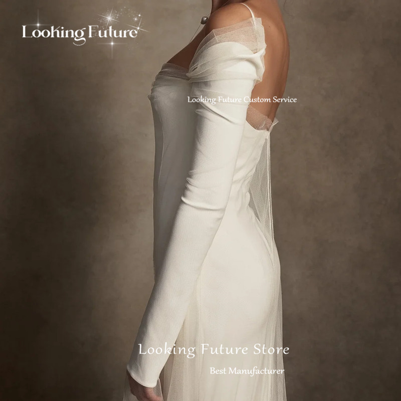 Aangepaste elegante tule rechte trouwjurken off-shoulder plooi lange mouwen bruidsjurken sexy strapless backless vetersluiting