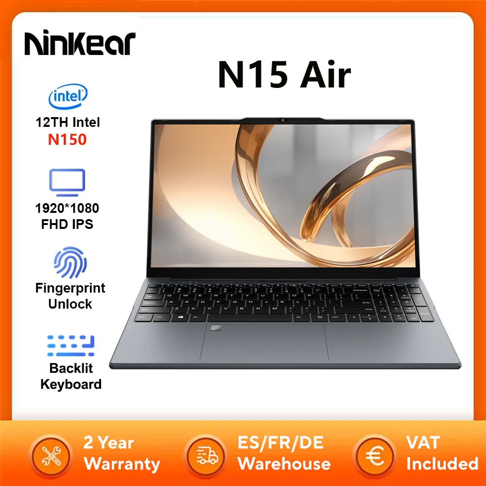 Ninkear N15 Air Laptop Intel N150 16GB DDR4 512GB SSD 15,6" FHD toetsenbord met achtergrondverlichting 180 °   Flip 46,2WH slanke kantoorcomputer-notebook