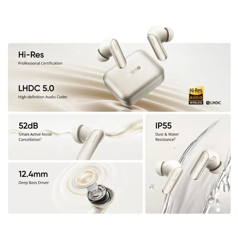 Global Version realme Buds Air 7 52dB Smart Active Noise Cancellation 12.4mm Deep Bass Driver Bluetooth5.4 360 ° Spatial Audio Effect IP55 oortelefoon
