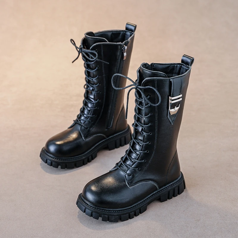 Botas elegantes con cremallera para niña, botas informales a la moda para otoño/invierno, punta redonda, suela gruesa cálida, botas cómodas con entresuela de encaje para niño