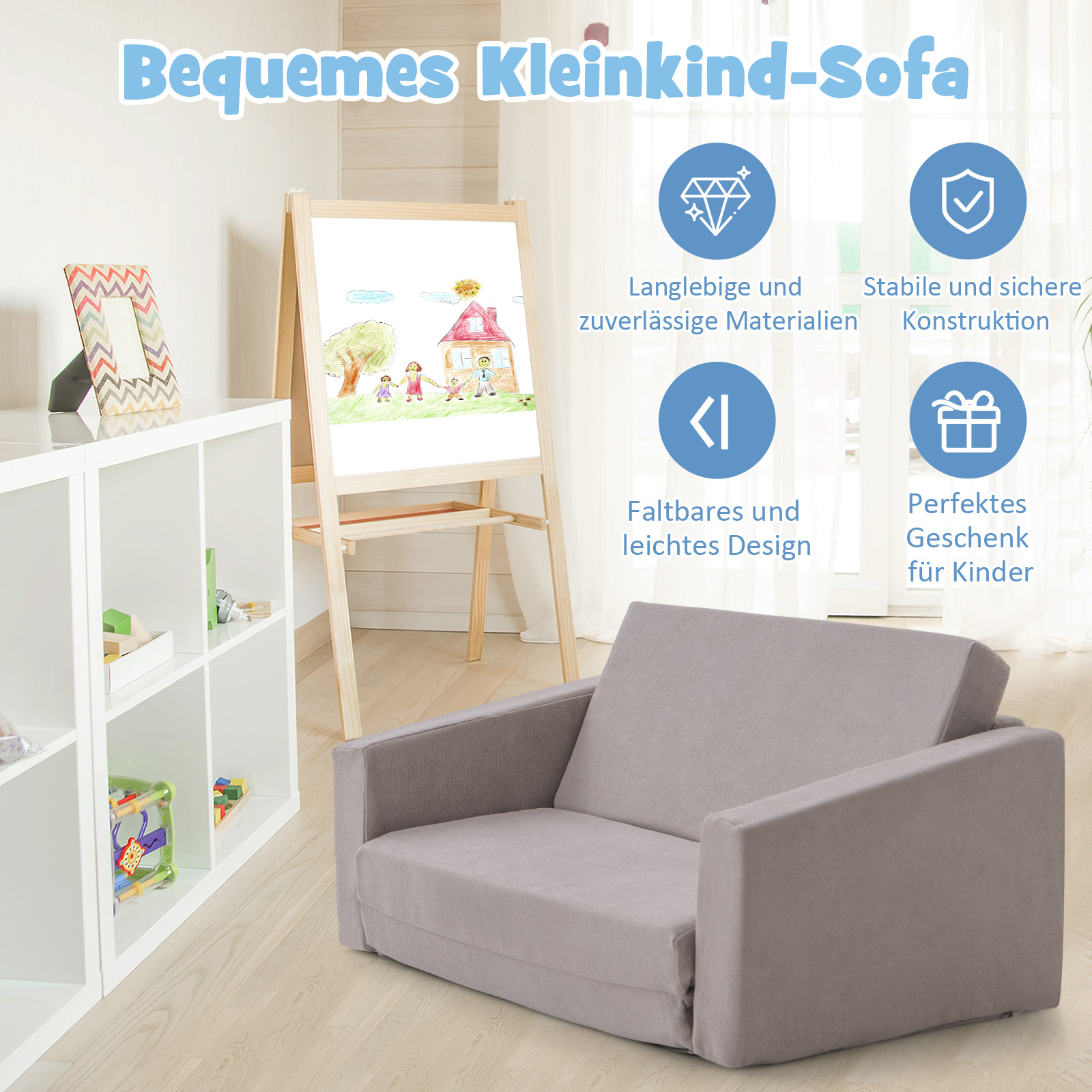 2 in 1 Kindersofa klappbar, Kindersessel gepolstert zum Ausklappen mit Samtstoff, Kindercouch Klappsofa umwandelbar