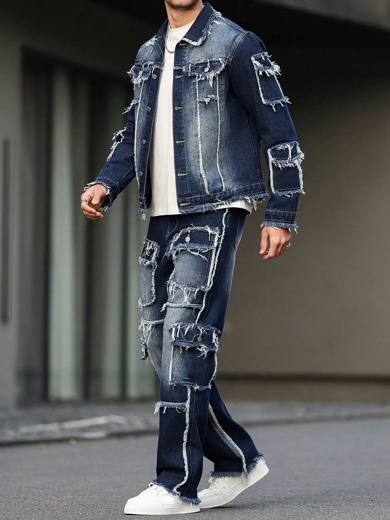 Herren-Jeansanzug für Frühling und Herbst, Multi-Pocket-Design, weite Hose mit geradem Bein