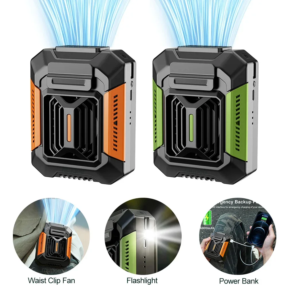 ポータブルネックファン 4000mAh USB 充電式クリップ LED ライト & パワーバンク付き、3 スピード アウトドア キャンプ スポーツ ホーム オフィス用