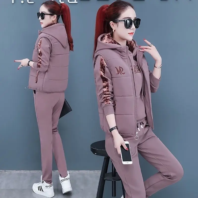 Traje de sudor informal para mujer, Tops con capucha gruesos de felpa a la moda, chaleco, pantalones, conjunto de 3 piezas, otoño e invierno, 2022