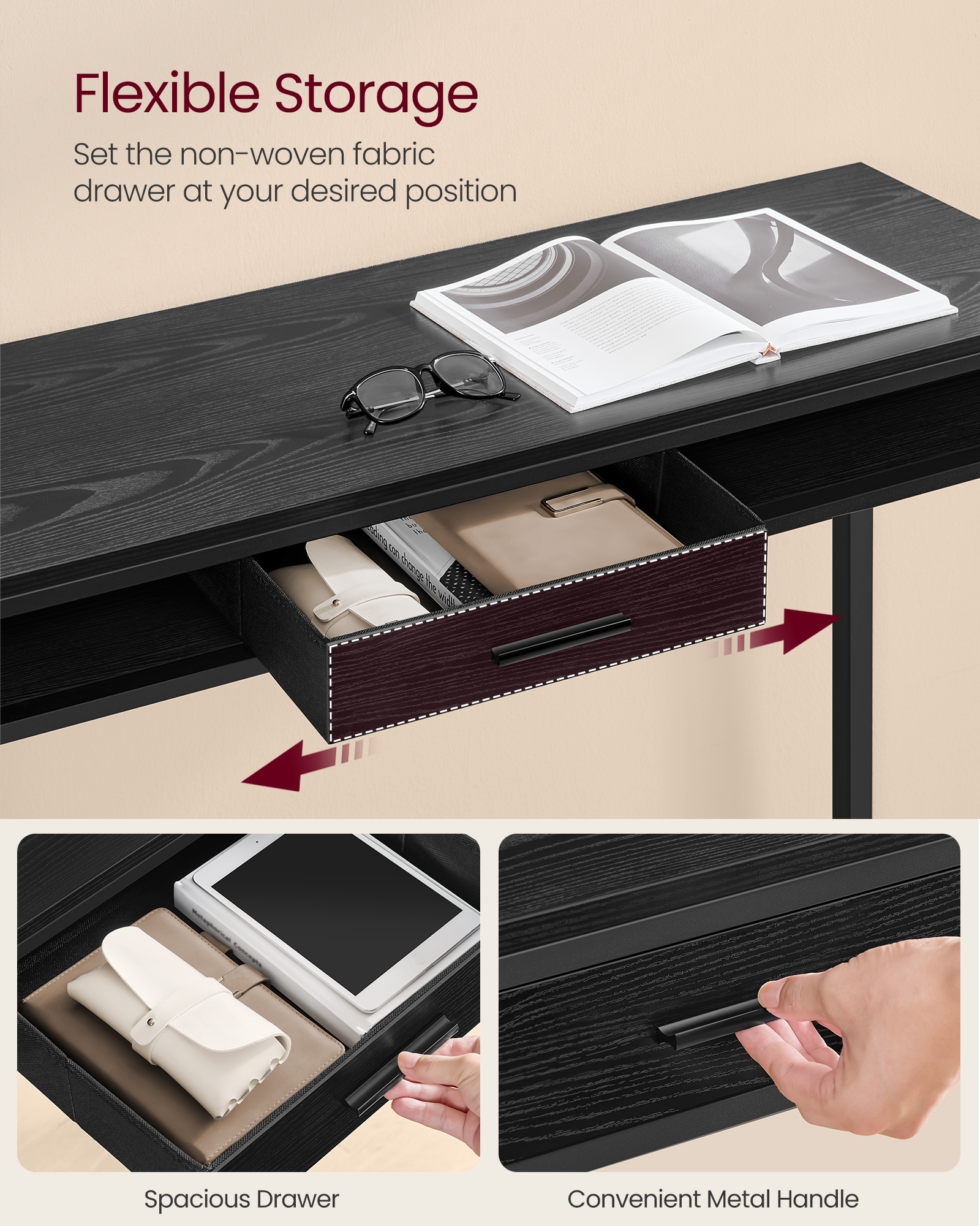 VASAGLE Bar Table, Pub Table with Charging Station and Movable Non-Woven Fabric Drawer, Hooks, 40 x 99.8 x 104.6 cm