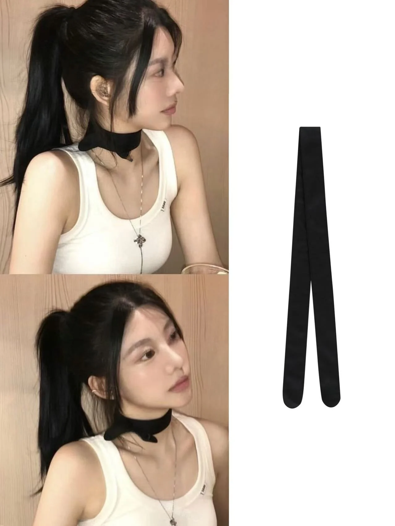 Lenço de Seda Preto com Faixa para Meninas Estilo Japonês Vintage Curto Pequ Leve Primavera Verão Outono Cor Pura Retangular
