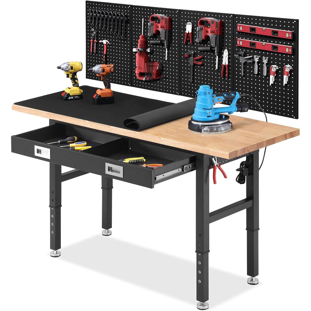 Work Bench with Ders Adjustable Workbenches or Garage 60 Inch Rubber Wood Top Garage Workbench with Pegboard,Power Outlets or Wo