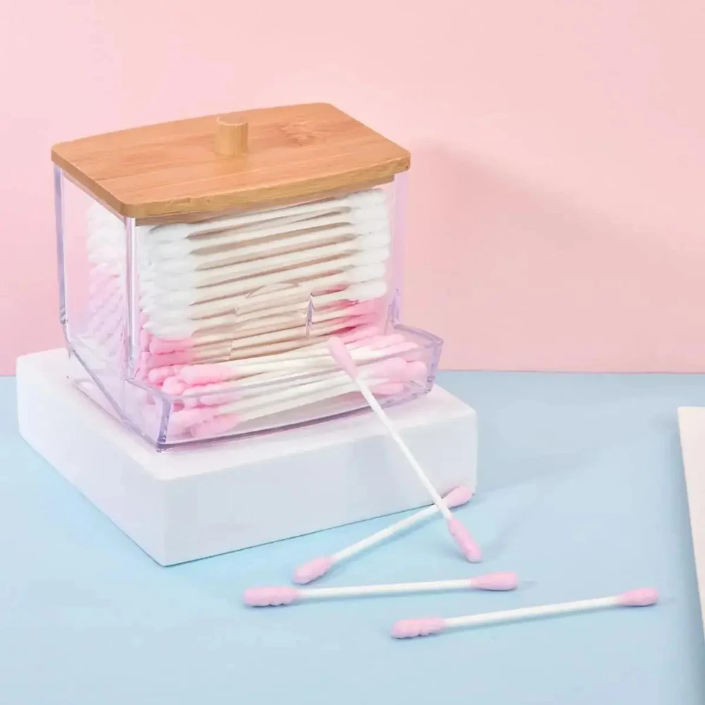 Porta batuffoli di cotone da 1 pezzo, dispenser per batuffoli di cotone con coperchi in bambù, barattoli portaoggetti per bagno in bambù, contenitori in plastica trasparente