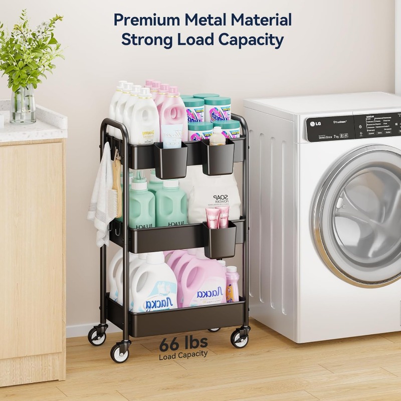 3 Tier Rolling Cart - Metal Utility Cart with Wheels, Hanging Cups, Hooks, Heavy Duty Mesh Rolling Storage Cart Organizer,