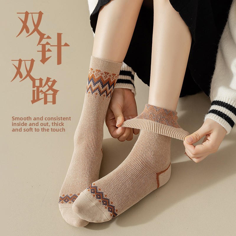 Autumn Winter Cotton Sos Women's Mid-Calf Double Needle Double Road Retro Wave Long Tube Sos Thermal Sta Sos