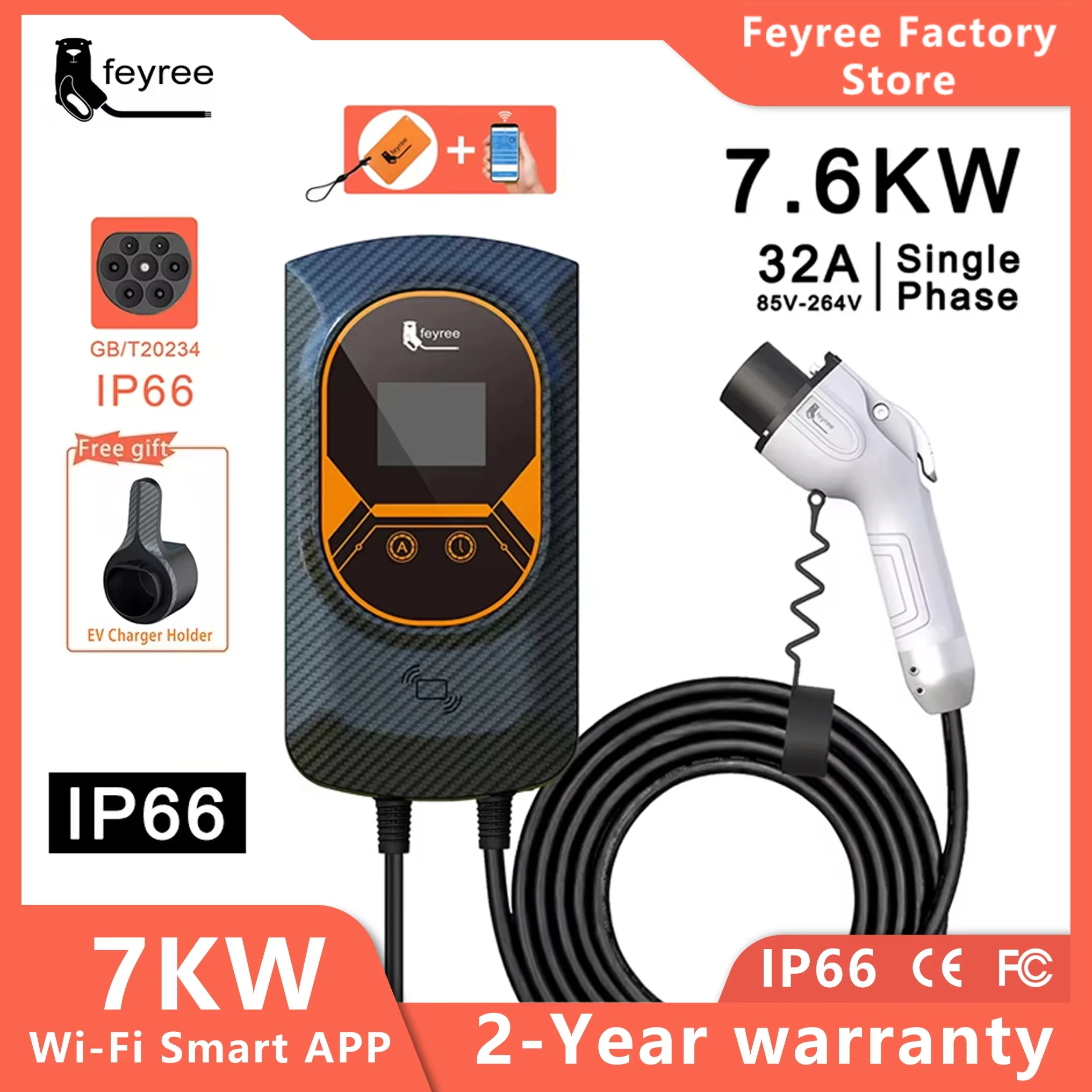 feyree EV Charger GB/T Cord 16A 32A EVSE Wallbox 7KW 11KW 22KW APP Control RFID Card Control 5m Cable for Electric Vehicle Car