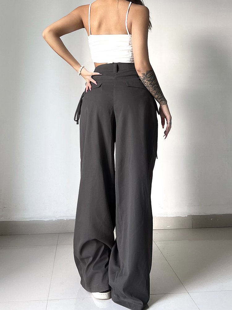 HEYounGIRL Casual Calças de Perna Larga Mulheres Cintura Alta Rua Calças Básicas Soltas Calças de Suor Coreano Retro Cinza Calças de Senhora de Escritório
