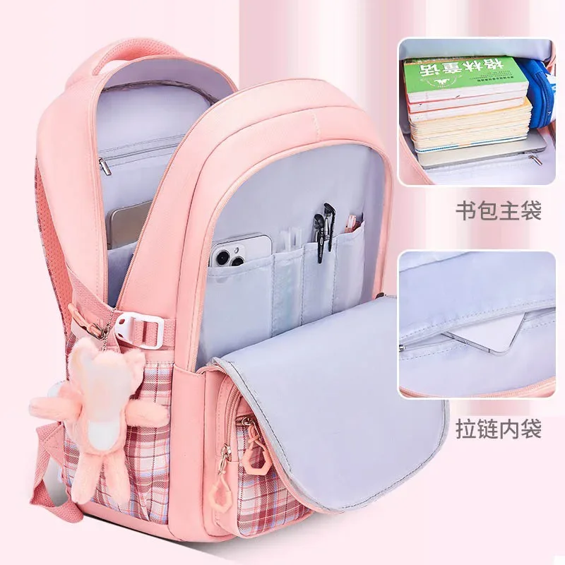 Nova proteção da coluna estudantes da escola primária meninas mochila xadrez com grande capacidade leve à prova dwaterproof água saco das crianças