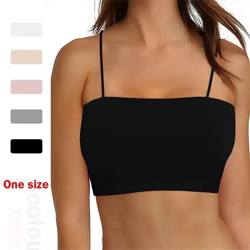 Bralette feminino sem costura – regata acolchoada sem fio, alças finas, colete de sutiã elástico macio sem costas