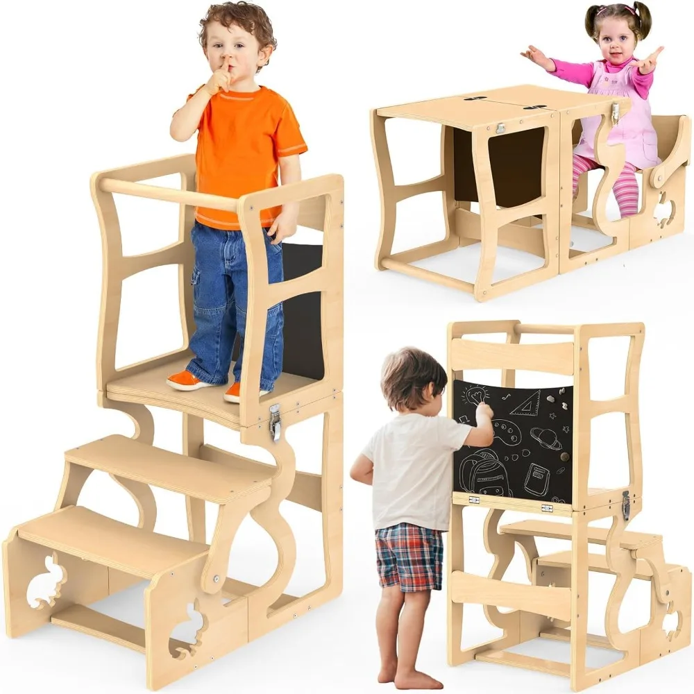 Torre de aprendizaje Montessori plegable para cocina, taburete de madera seguro para niños pequeños, torre de observación de altura ajustable H