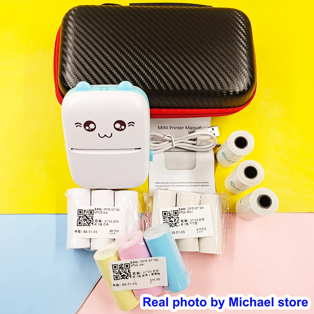 เครื่องพิมพ์ความร้อนแบบพกพามินิไร้สาย BT 203dpi Photo Label Memo ผิดคําถามพิมพ์สาย USB Imprimante กระเป๋าเดินทางแบบพกพา