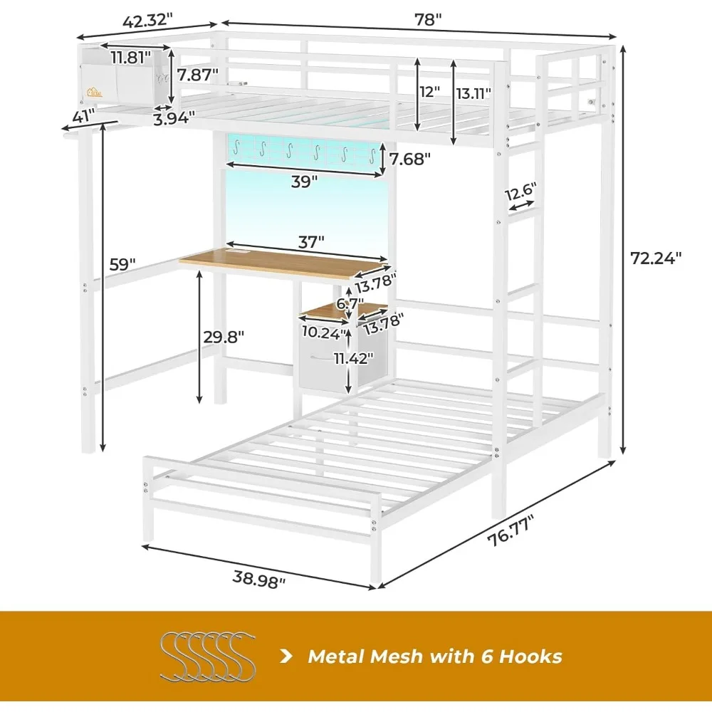 Twin Size Bunk Bed with Desk and Charging Station Metal Loft Bed with Led Lights & Storage Shelves and Drawers L-Shaped