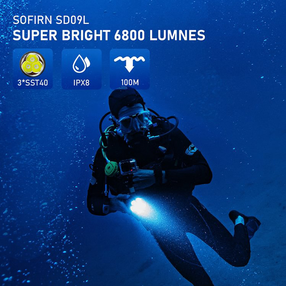 Nueva linterna LED Sofirn SD09L 6800lm 21700 USB recargable bajo el agua antorcha impermeable SST40 luz de buceo