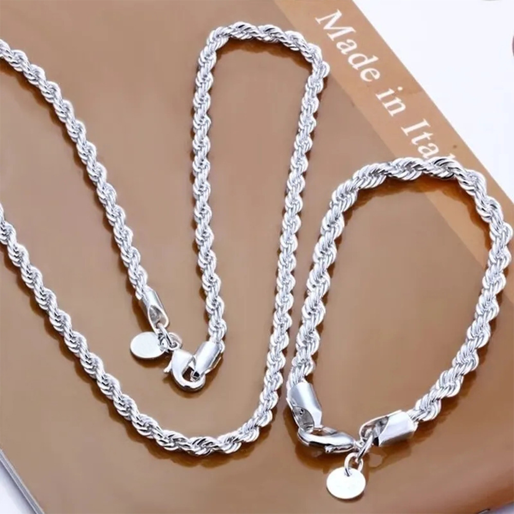 Set di 2 pezzi di gioielli con collana di torsioni di pasta fritta alla moda da 4 mm, collana da uomo e da donna