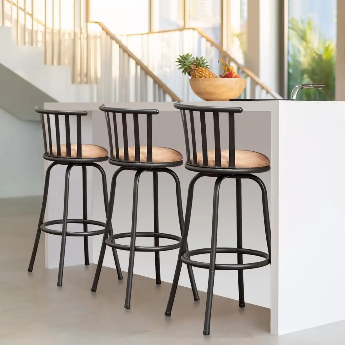 Swivel Bar Stools Set of 3, 29 inch Bar Height Modern BarStool for Home Kitchen Island, Brown