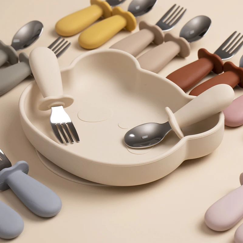2 unids/set vajilla para bebé, utensilio para niños, cuchara de alimentación de alimentos de acero inoxidable, juego de tenedor, vajilla de silicona para niños pequeños, cubiertos