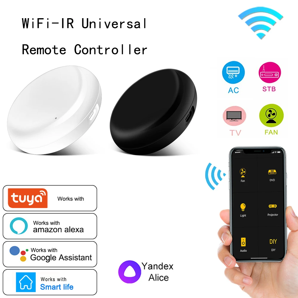 Tuya-Controle Remoto Infravermelho Universal para Casa Inteligente, Wi-Fi, IR, TV, DVD, AUD, AC, Funciona com Amz, Alexa, Google Home
