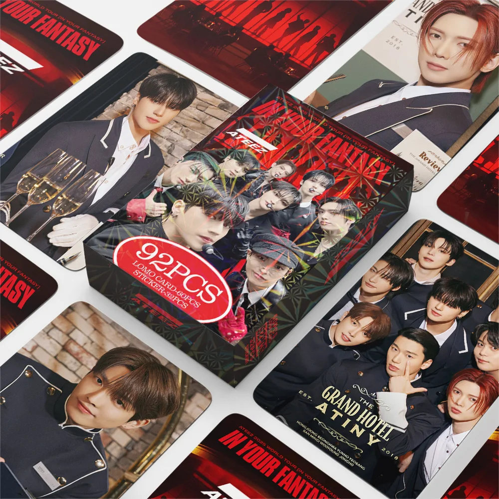 92 tarjetas y pegatinas Kpop ATEEZ Lomo, tarjetas postales de la gira mundial en tu fantasía, tarjetas fotográficas ATEEZ