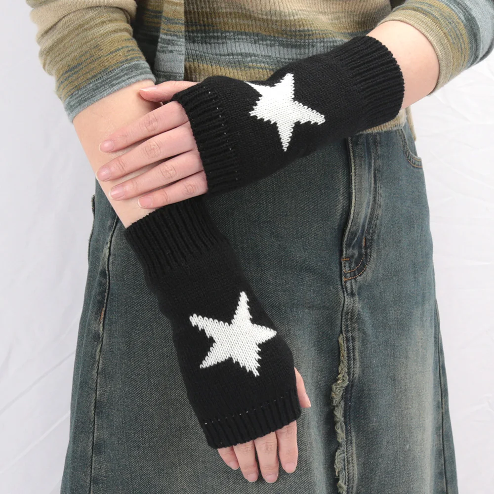 Black White Women Knitted Warm Half Gloves Autumn Winter Fingerless Gloves Arm Sleeve Girls Fashion Casual Accessories Mittens