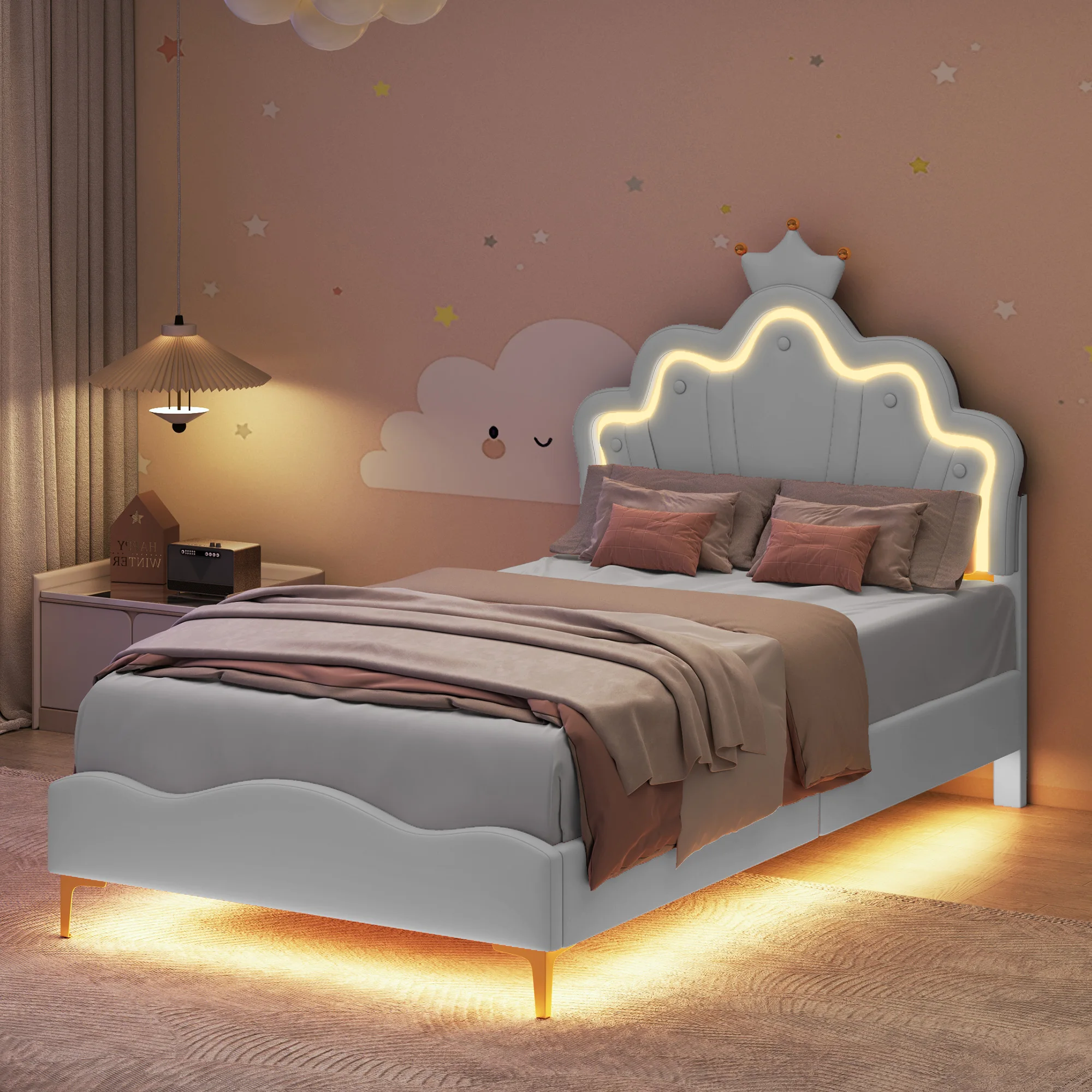 Łóżko dziecięce Comanlai 90x200cm z oświetleniem LED i zagłówkiem w kształcie korony, łóżko tapicerowane z ramą z listew, skóra PU, białe