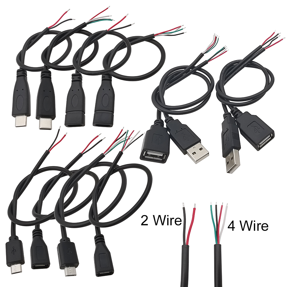 1 шт. 2-контактный 4-контактный разъем для зарядного устройства Micro USB / Type C USB 2.0 Тип A Мужской Женский Удлинительный кабель питания Провод DIY Линия передачи данных