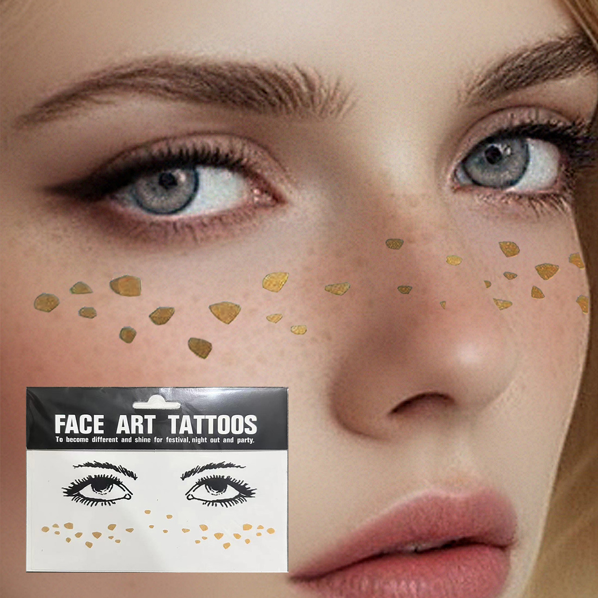 Gold Glitter Tattoo สติกเกอร์สําหรับแต่งหน้า Metallic Moon ดาวกันน้ําชั่วคราวรอยสักกระสําหรับผู้หญิง Eyebrow Party