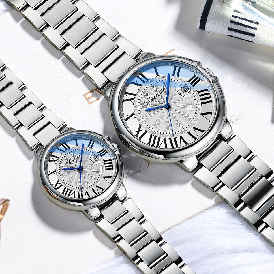 CHENXI 0639, классические кварцевые часы, роскошные модные мужские часы, светящиеся простые серебряные женские наручные часы из нержавеющей стали, подарки для пар