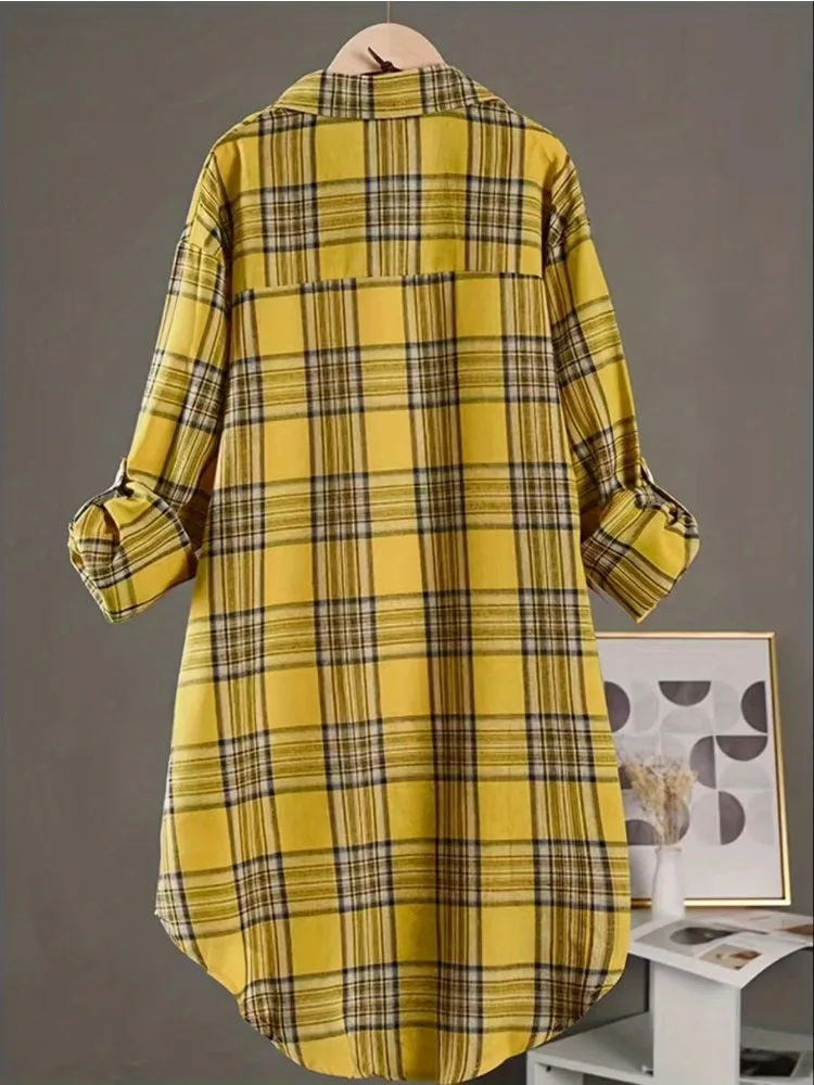 Camisa a cuadros de algodón y lino, holgada, media larga, talla grande, para mujer, informal, diaria