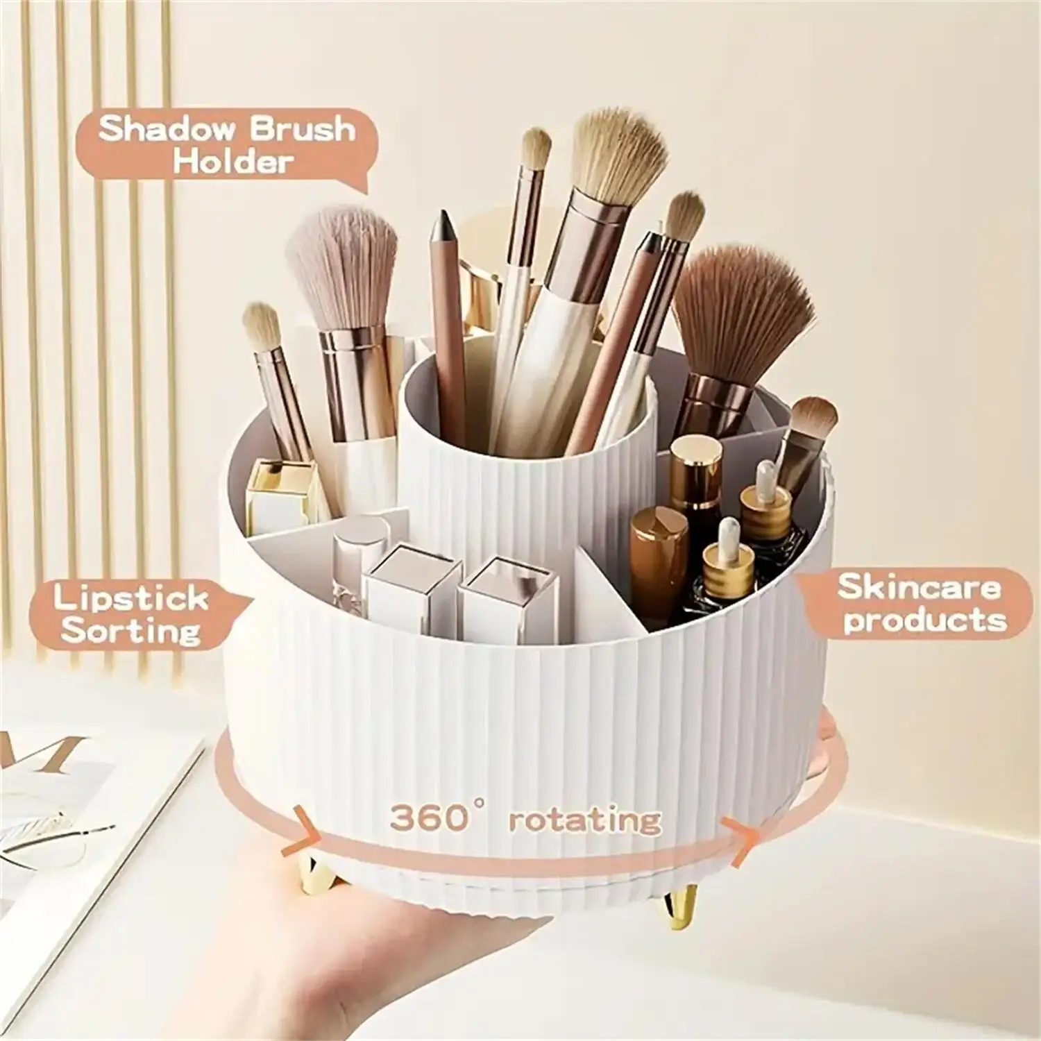 360 °   Organizador de maquillaje giratorio, almacenamiento de cosméticos de plástico de 1 pieza con 5 compartimentos, soporte multifuncional para brochas