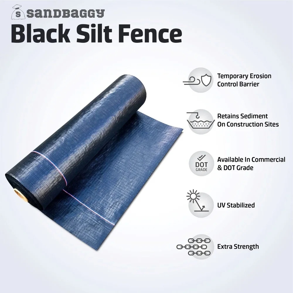 Black Silt Fence Fabric Roll 3FT x 500FT Erosion Control Sediment Retention Barrier Temporary Construction Site Fencing