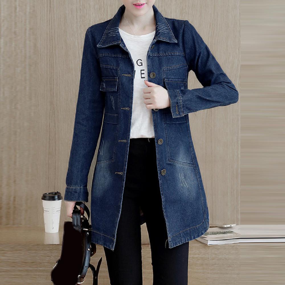 Modische einreihige lange Jeansjacke, schrumpffeste Damenjacke, unregelmäßiger Saum, lange Damenjacke für den Urlaub