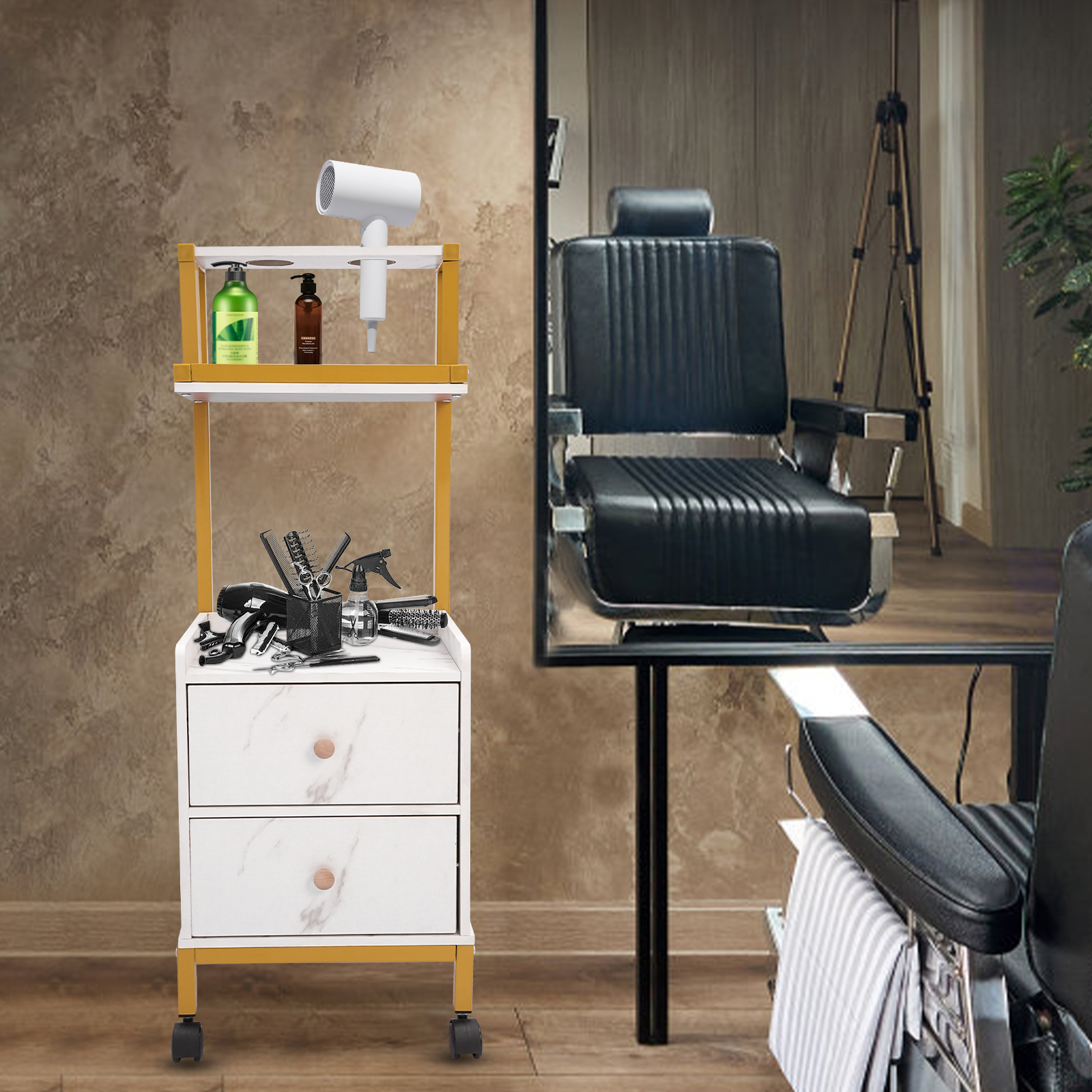 Salon Trolley with Wheels Rolling Barber Cart with Drawers Marbled Board for Beauty Salon Metal Frame Tool Holders