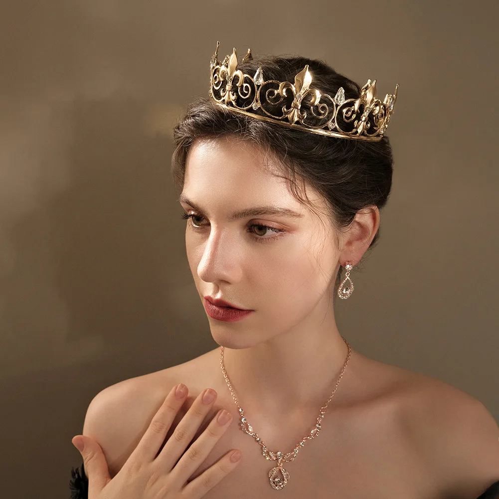 Klassische König Haarschmuck Krone Barock Vollkreis Gold Strass Legierung Krone Männer und Frauen Party Kopf bedeckung Hochzeit